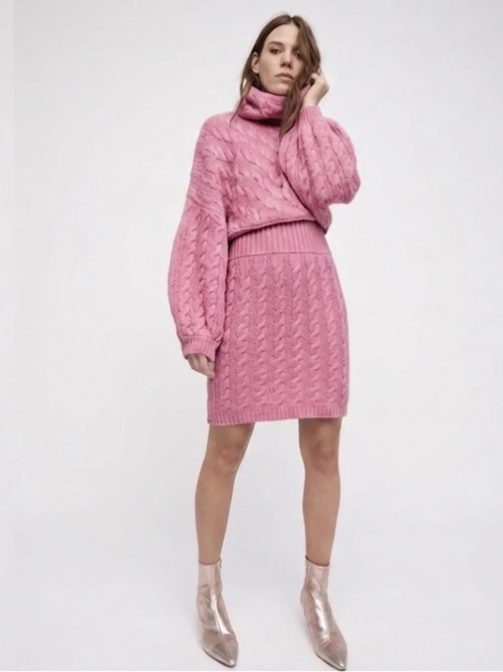 Free People Sweetheart Cable Knit Cowl-Neck Sweater Dress in Pink - Size Medium